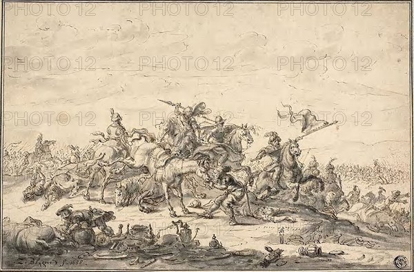 Battle Scene with Horsemen, 1658, Zacharias Blyhooft, Dutch, active 1658/59-1680/82, Holland, Pen and brown ink with brush and gray wash, on ivory laid paper, laid down on card, 195 x 297 mm