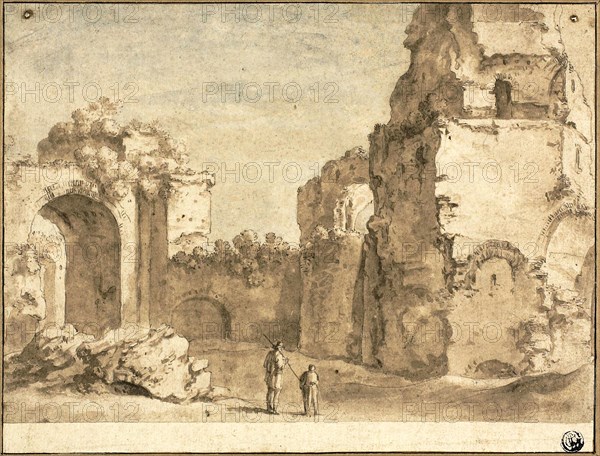 Roman Ruins, n.d., Circle of Bartholomeus Breenbergh, Dutch, 1598-1657, Holland, Pen and brown ink, with brush and brown and blue-gray wash, over traces of graphite, on ivory laid paper, laid down on board, 185 x 261 mm