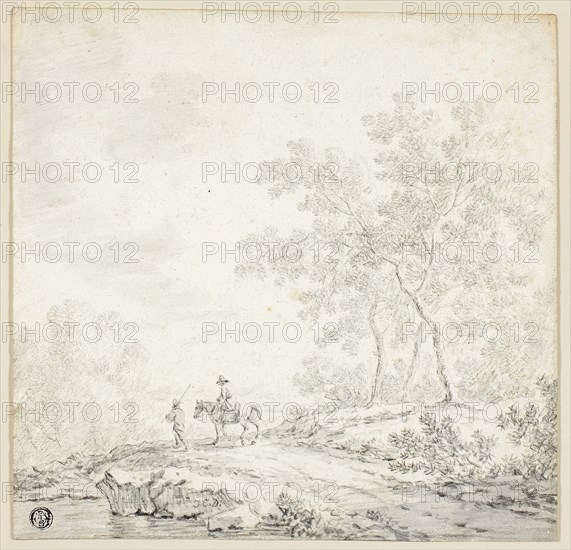 Landscape with Two Figures, One on Horseback, n.d., Attributed to Johann Christophe Dietzsch (German, 1710-1769), or Jacob Cats (Dutch, 1741-1799), Germany, Black chalk with brush and gray wash on off-white laid paper, laid down on ivory card, 238 x 245 mm