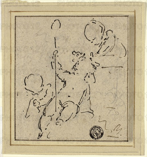 Three Putti, n.d., Jacob de Wit, Dutch, 1695-1754, Holland, Pen and brown ink over black chalk on buff laid paper, tipped onto cream laid paper, 93 x 85 mm