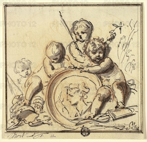 Putti with Medallion, n.d., Jacob de Wit, Dutch, 1695-1754, Holland, Pen and brown ink with brush and brown wash, over red chalk, on ivory laid paper, 147 x 150 mm