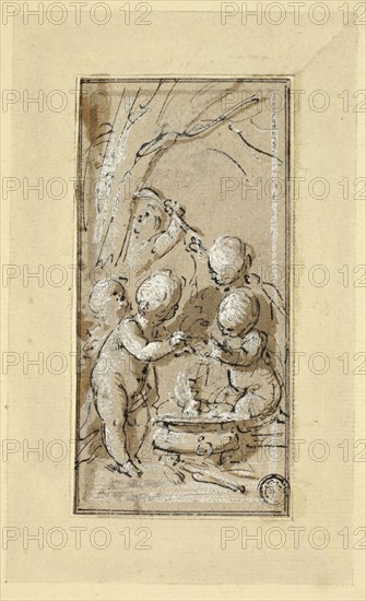 Allegory of Winter, n.d., Jacob de Wit, Dutch, 1695-1754, Holland, Pen and brown ink with brush and brown wash, heightened with lead white (partly discolored), on buff wove paper, laid down on card, 136 x 67 mm