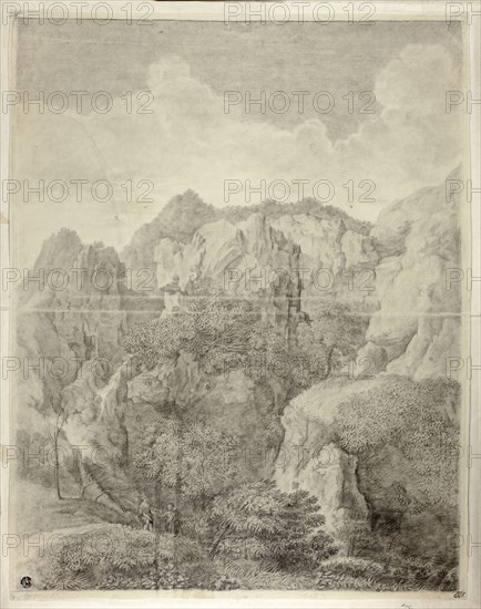 Mountain Landscape with Two Figures in Foreground, n.d., After Gaspard Dughet, French, 1615-1675, France, Black crayon with black chalk on ivory laid paper, tipped onto ivory laid paper, 532 × 416 mm