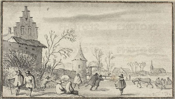 Skaters on Pond Outside Town, n.d., Attributed to Allart van Everdingen, Dutch, 1621-1675, Holland, Brush and gray wash over traces of black chalk on ivory laid paper, tipped onto laid paper, 49 x 86 mm