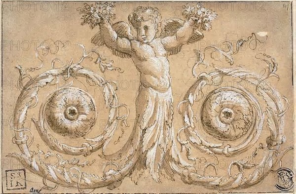 Ornamental Decoration, n.d., Attributed to Charles Errard II, French, c. 1606-1689, France, Pen and brown ink, with brush and brown wash, heightened with white gouache, over traces of graphite, on buff laid paper, laid down on ivory laid paper, 86 × 129 mm