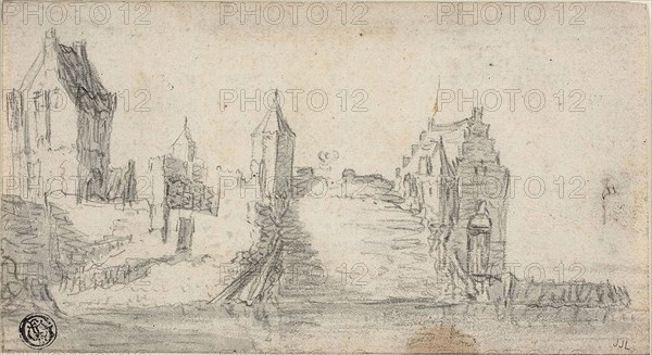 Fortified Buildings on Water’s Edge, n.d., Attributed to Simon de Vlieger (Dutch, c. 1600-1653), or Jan van Goyen (Dutch, 1596-1656), Holland, Black chalk with brush and blue-gray wash on ivory laid paper, 98 x 180 mm
