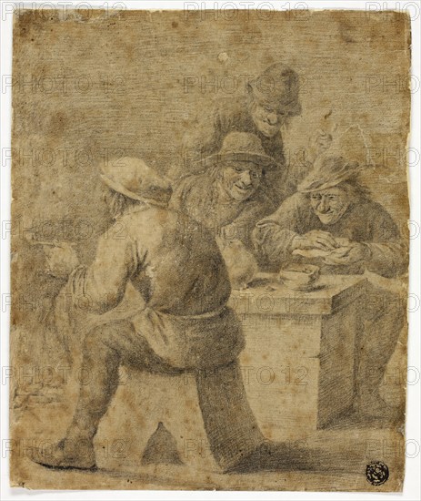 Four Peasants at Table, n.d., After Adriaen Brouwer (Flemish, 1605/06-1638), or possibly Frans Hals (Dutch, 1582/83-1666) or his school, or Dirck Hals (Dutch, 1591-1656), Flanders, Black chalk on tan laid paper, laid down on tan laid paper, 201 × 165 mm