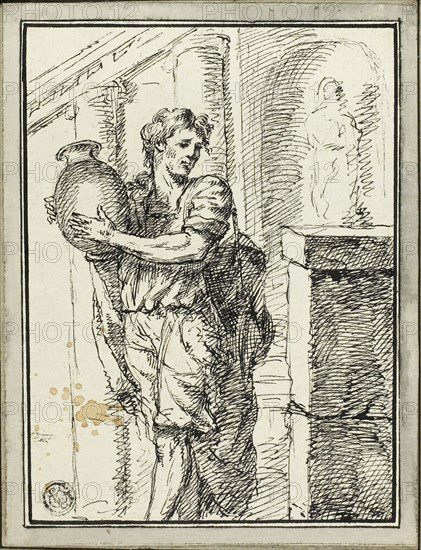 Man Holding Jar, 1785, David Pierre Giottino Humbert de Superville, Dutch, 1770-1849, Holland, Pen and black ink on ivory laid paper, tipped onto gray laid paper, 156 x 120 mm