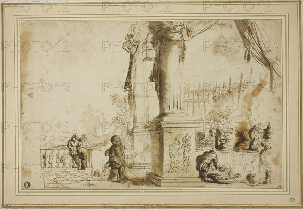 Banquet Scene on Terrace, n.d., Unknown Artist, Italian, 17th century, Italy, Pen and brown ink, with brush and brown wash and graphite, on cream laid paper, laid down on cream laid card, 264 x 410 mm