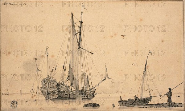 Harbor Scene with Ships and Fisherman, 1698, Sieuwert van der Meulen, Dutch, c. 1698-1730, Netherlands, Brush and black ink and gray wash, with touches of graphite, on tan laid paper, laid down on tan wove card, 152 x 244 mm