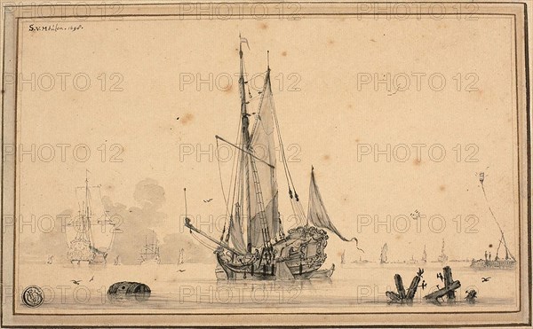 Harbor Scene with Ships at Rest and Piling, 1698, Sieuwert van der Meulen, Dutch, c. 1698-1730, Netherlands, Brush and black ink and gray wash, with traces of graphite, on tan laid paper, laid down on tan wove card, 152 x 245 mm