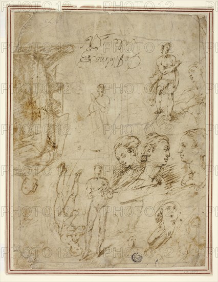 Sketches of Figures and Heads, n.d., Pieter de Molijn, Dutch, 1595-1661, Netherlands, Pen and brown ink on tan laid paper, 240 x 180 mm