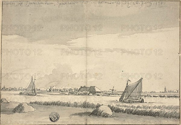 Sailboats on Canal near Spaarendam, 1751, Attributed to Jan de Beyer (Swiss, 1698-1790), or Pieter de Molijn (Dutch, 1595-1661), Switzerland, Pen and gray ink with brush and gray wash over graphite, on ivory laid paper, tipped onto cream laid card, 126 x 181 mm