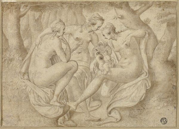 Cecrops’ Daughters Uncover Erichthonius (recto), A Battle Scene (verso), 1577/78 (recto), n.d. (verso), Anthonie van Montfoort Blocklandt, Netherlandish, 1532-1583, Netherlands, Pen and brown ink with brush and brown wash (recto and verso), on ivory laid paper, 184 x 253 mm