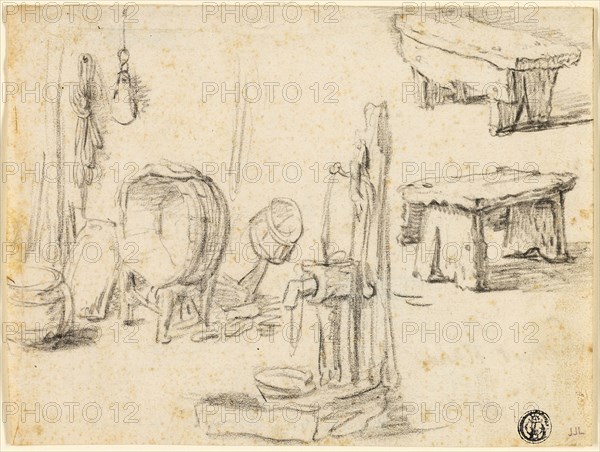 Sketches of Pump, Washtub, Benches, n.d., Circle of Adriaen van Ostade, Dutch, 1610-1685, Holland, Black chalk on ivory laid paper, 133 x 177 mm