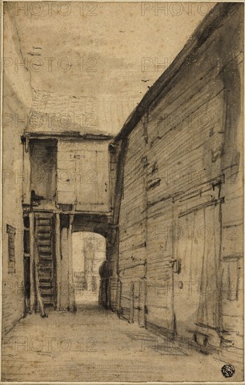 Yard of an Old House, n.d., Cornelis Saftleven (Dutch, 1607-1681), or Adriaen van Ostade (Dutch, 1610-1685), Holland, Black crayon and brush and gray wash, with touches of black chalk, on buff laid paper, laid down on ivory laid card, 290 x 185 mm (primary support), 364 x 265 mm (secondary support)