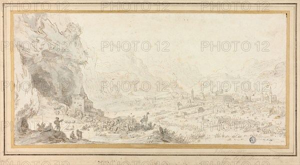 View of Mecca, 1665, Jan Peeters, I, Flemish, 1624-c. 1677, Flanders, Pen and brown ink with brush and black ink wash, over traces of black chalk on cream laid paper, 202 × 413 mm