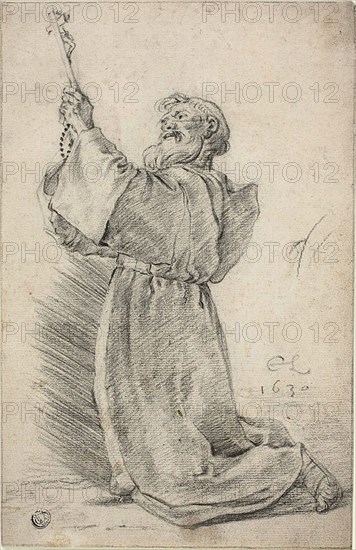 Kneeling Monk Holding a Crucifix, 1630, Cornelis Saftleven, Dutch, 1607-1681, Holland, Black chalk on cream laid paper, 290 x 189 mm