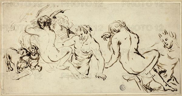 Sketches of Nymph, Satyr and Putto, n.d., John Vanderbank, English, 1686-1739, England, Pen and brown ink, on ivory laid paper laid down on card, 151 × 293 mm