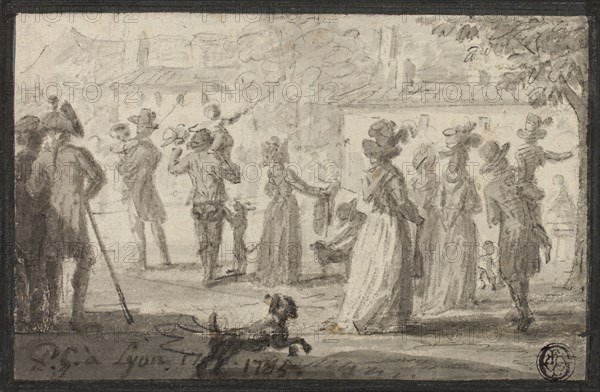 Figures Looking at Outdoor Spectacle, c. 1785, Paul Grégoire, French, fl. 1781-1823, France, Brush and gray wash with black crayon, on ivory laid paper (pieced together), laid down on card, 97 × 152 mm