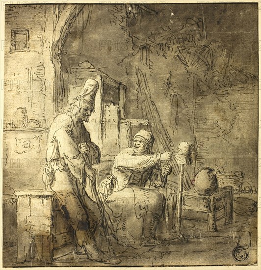 Old Peasant Couple in Cottage, n.d., After Adriaen van Ostade (Dutch, 1610-1685), or possibly Bartholomeus Molenaer (Dutch, d. 1650), or possibly Cornelis Beelt (Dutch, fl. 1661-c.1702), Holland, Pen and brown ink, with brush and brown wash, on ivory laid paper, laid down on card, 164 x 158 mm