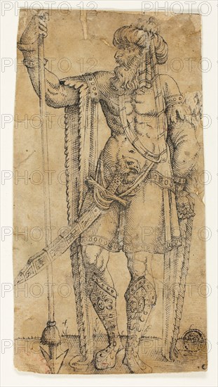 Sultan in Armor, n.d., Possibly Marten van Heemskerck (Netherlandish, 1498-1574), or possibly Melchior Lorichs (Danish, 1527-c. 1588), Germany, Pen and black ink on tan laid paper, laid down on ivory laid paper, 153 x 82 mm