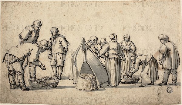 A Dutch Fishmarket, n.d., Willem van de Velde, I, Dutch, c. 1611-1693, Holland, Pen and brown ink, with brush and gray wash over graphite, on ivory laid paper, 161 x 274 mm