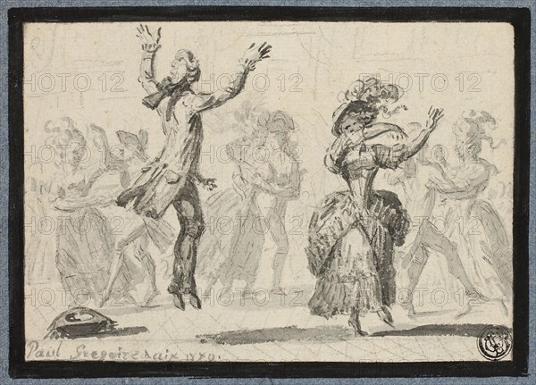 Ladies and Gentlemen Dancing, c. 1780, Paul Grégoire, French, fl. 1781-1823, France, Brush and gray wash with black crayon, on ivory laid paper, laid down on card, 98 × 143 mm