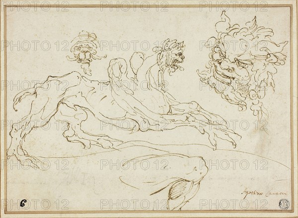 Four Sketches: Griffin, Grotesque Head, Head of Satyr, Bent Leg, 1590/94, Attributed to Agostino Carracci, Italian, 1557-1602, Italy, Pen and brown ink, with traces of black chalk, on ivory laid paper, laid down on ivory laid card, 196 x 271 mm