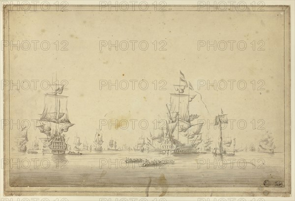 Fleet of Ships Anchored at Sea, n.d., Imitator of Willem van de Velde, II, Dutch, 1633-1707, Holland, Pen and black ink, with brush and gray wash, on cream laid paper, laid down on board, 276 x 415 mm