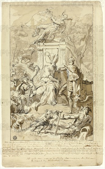 Design for Title Page: Allegory of the Submission of the City of Utrecht to Emperor Charles V, n.d., Jan Wandelaar, Dutch, 1690-1759, Holland, Pen and black ink, with brush and brown and gray wash, heightened with touches of lead white (partly discolored), over traces of graphite, on cream laid paper, 397 x 244 mm