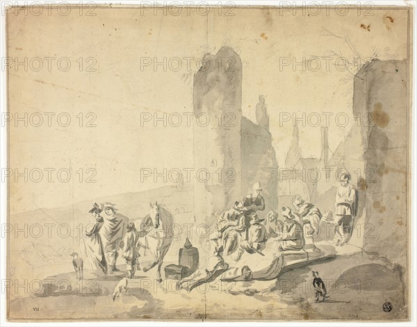 Harborside Scene with Various Figures, n.d., Hendrik Verschuring (Dutch, 1627-1690), or Thomas Wyck (Dutch, 1616-1677), or Nicolaes Berchem the Elder (Dutch, 1621/22-1683), Netherlands, Graphite, with brush and gray wash, on tan laid paper, laid down on card, 315 x 405 mm