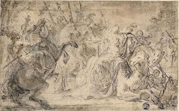 Zenobia Surrounded by Mounted Soldiers, n.d., Attributed to Justus van Egmont (Flemish, 1601-1674), or Philip Wouverman (Dutch, 1619-1668), Flanders, Black chalk with brush and brown wash and touches of graphite, on cream laid paper, pieced together and laid down on board, 159 × 253 mm