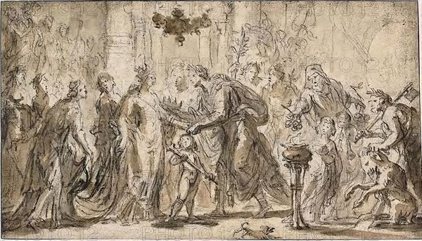 The Marriage of Zenobia and Odenatus, n.d., Justus van Egmont, Flemish, 1601-1674, Flanders, Black chalk with brush and brown wash on ivory laid paper, laid down on ivory laid paper, 182 × 319 mm