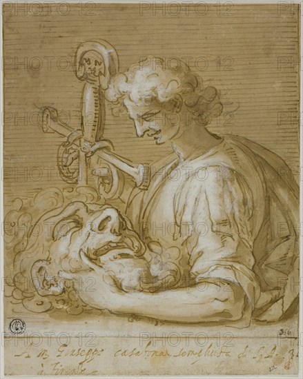 David with Goliath’s Head and Sword, 1587, Giovanni Battista Paggi, Italian, 1554-1627, Italy, Pen and brown ink with brush and brown wash, heightened with lead white and traces of graphite, on ivory laid paper, laid down on ivory laid paper, 259 x 175 mm