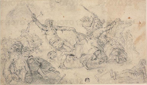 Peasants in a Brawl, n.d., Attributed to Cornelis Moninckx (Dutch, c. 1623-1666), or Adriaen Pietersz. van de Venne (Dutch, 1589-1662), Flanders, Graphite with black chalk on ivory laid paper, laid down on card, 162 × 278 mm