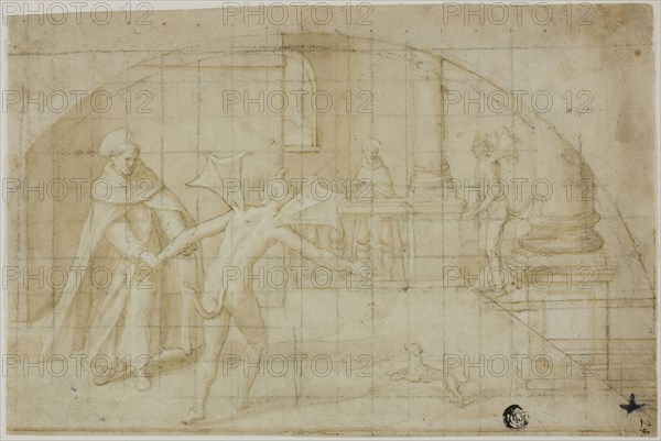 Design for a Lunette: Devils and Saint in a Monastery, 1604/12, Attributed to Bernardino Poccetti, Italian, 1548-1612, Italy, Pen and brown ink with brush and brown wash, heightened with lead white, on buff laid paper, squared in black chalk, 173 x 260 mm (max.)