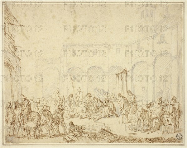 Wounded Soldiers in a Courtyard on Town Square, n.d., Cornelis de Wael, Flemish, 1592-1667, Flanders, Graphite and pen and brown ink on tan laid paper, laid down on card, 205 × 260 mm