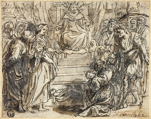 Judgement of Solomon, n.d., Attributed to Abraham Jansz. van Diepenbeeck (Flemish, 1596-1675), or Anthony van Dyck (Flemish, 1599-1641), Flanders, Pen and brown ink, with brush and gray and brown wash, over black chalk, on ivory laid paper, laid down on card, 157 × 197 mm