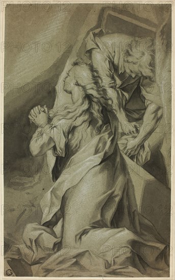 Kneeling Magdalene and Tomb Attendant, n.d., After Federico Barocci, Italian, c. 1535-1612, Italy, Black chalk and brush and black and gray wash, heightened with touches of white chalk, on gray-green laid paper, laid down on tan wove paper, drum mounted on ivory wove paper, 410 x 251 mm