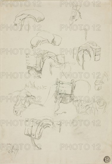 Sheet of Sketches: Details of a Donkey and Accoutrements, n.d., Attributed to Charles Émile Jacque, French, 1813-1894, France, Graphite on cream wove paper, 243 × 167 mm