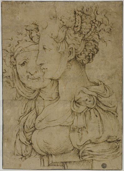 Old Matron and Young Woman, n.d., Attributed to Bartolomeo Passarotti, Italian, 1529-1592, Italy, Pen and brown ink on buff laid paper, 328 x 234 mm