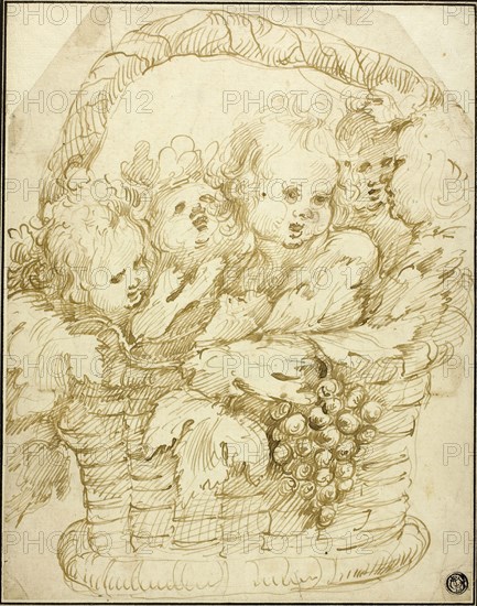 Basket of Cupids, n.d., Attributed to Jan Boeckhorst, Flemish, born Germany, about 1604–1668, Flanders, Pen and brown ink on ivory laid paper, laid down on ivory laid paper (chine collé), 269 × 213 mm (sheet), 310 × 251 (secondary support)