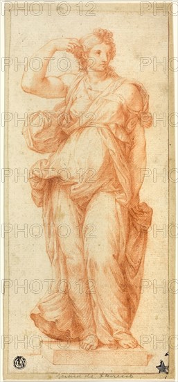 Female Caryatid, 1700/20, After Pietro Buonaccorsi, called Perino del Vaga, Italian, 1501-1547, Italy, Red chalk on ivory laid paper, laid down on card, 286 x 127 mm (max.)