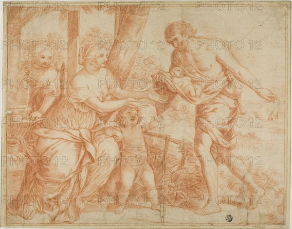 Infant Oedipus Brought Home by Shepherd, 1675/99, Possibly Gerard de Lairesse (Flemish, 1640-1711), or after Pietro da Cortona (Italian, 1596-1669), Flanders, Red chalk with stumping, on ivory laid paper, tipped onto cream laid paper, 316 × 402 mm