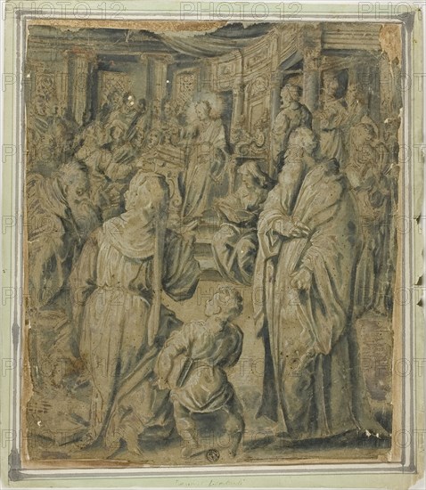 Christ Among the Doctors, n.d., School of Lambert Lombard, Flemish, 1506-1566, Flanders, Pen and brown ink and brush and blue wash,  heightened with lead white (partly discolored), on blue laid paper (faded), laid down on ivory laid paper, 326 × 282 mm