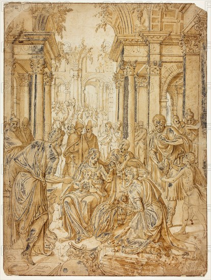 Adoration of the Magi, 1559, Lambert van Noort, Netherlandish, 1520-1571, Netherlands, Pen and brown ink, with brush and brown wash,  heightened with lead white (discolored), over traces of black chalk on buff laid paper, 578 x 435 mm