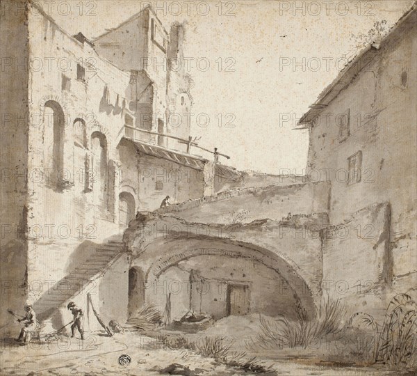 Overgrown Courtyard of Ruined Castle, n.d., Jan Asselijn, Dutch, c.1610-1652, Holland, Brush and gray wash, with traces of black chalk, on ivory laid paper, 302 x 336 mm