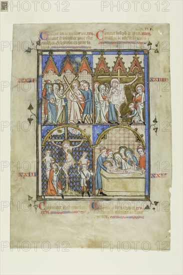 Leaf from a Picture Cycle: Christ Carrying the Cross, The Crucifixion, The Descent from the Cross, and the Entombment, 1325/50, French Painter, active in Northern France, France, Opaque watercolor, gold leaf and mordant gilding with French inscriptions in gothica textualis in pen and light brown, red and blue ink, on parchment, 284 × 203 mm