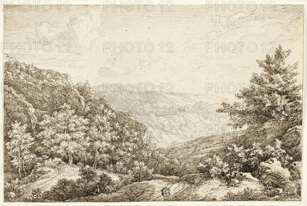 Landscape with Wooded Hills, Seated Figure, 1756, Nicolaes Emmanuel Perij, Flemish, born 1736, Flanders, Pen and brown ink on ivory laid paper, 207 × 313 mm